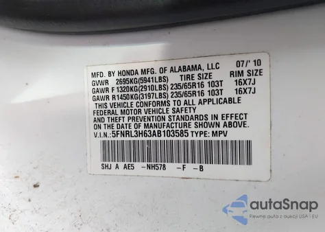 2010 Honda Odyssey Ex-L z USA, uszkodzony, nr VIN 5FNRL3H63AB103585